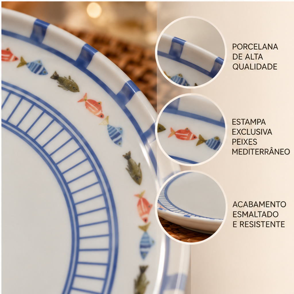 Jogo de 6 Pratos Rasos em Porcelana Marine Estampa Peixes Mediterrâneo 27CM