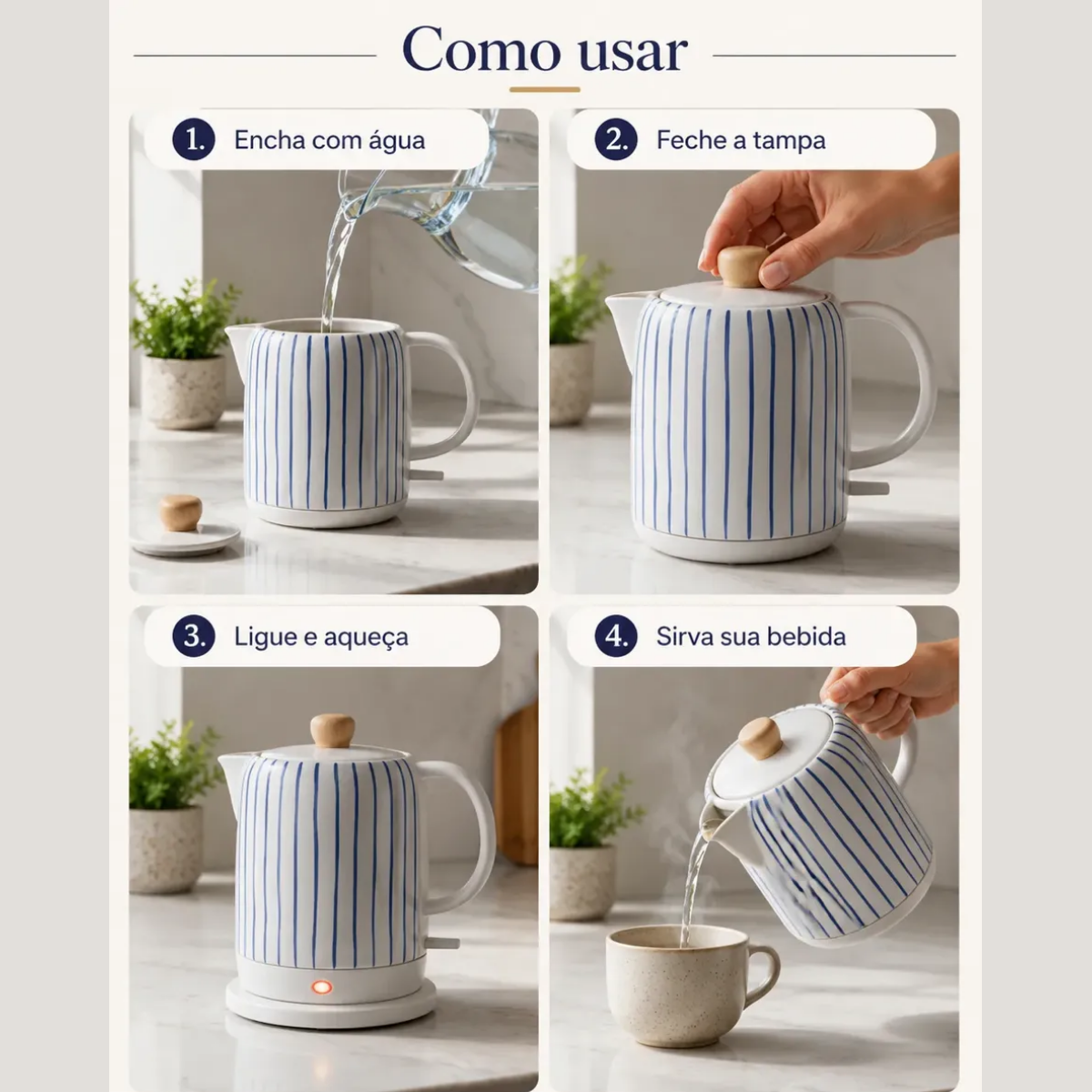 Chaleira Elétrica de Porcelana Elegance Listrada Azul 1L