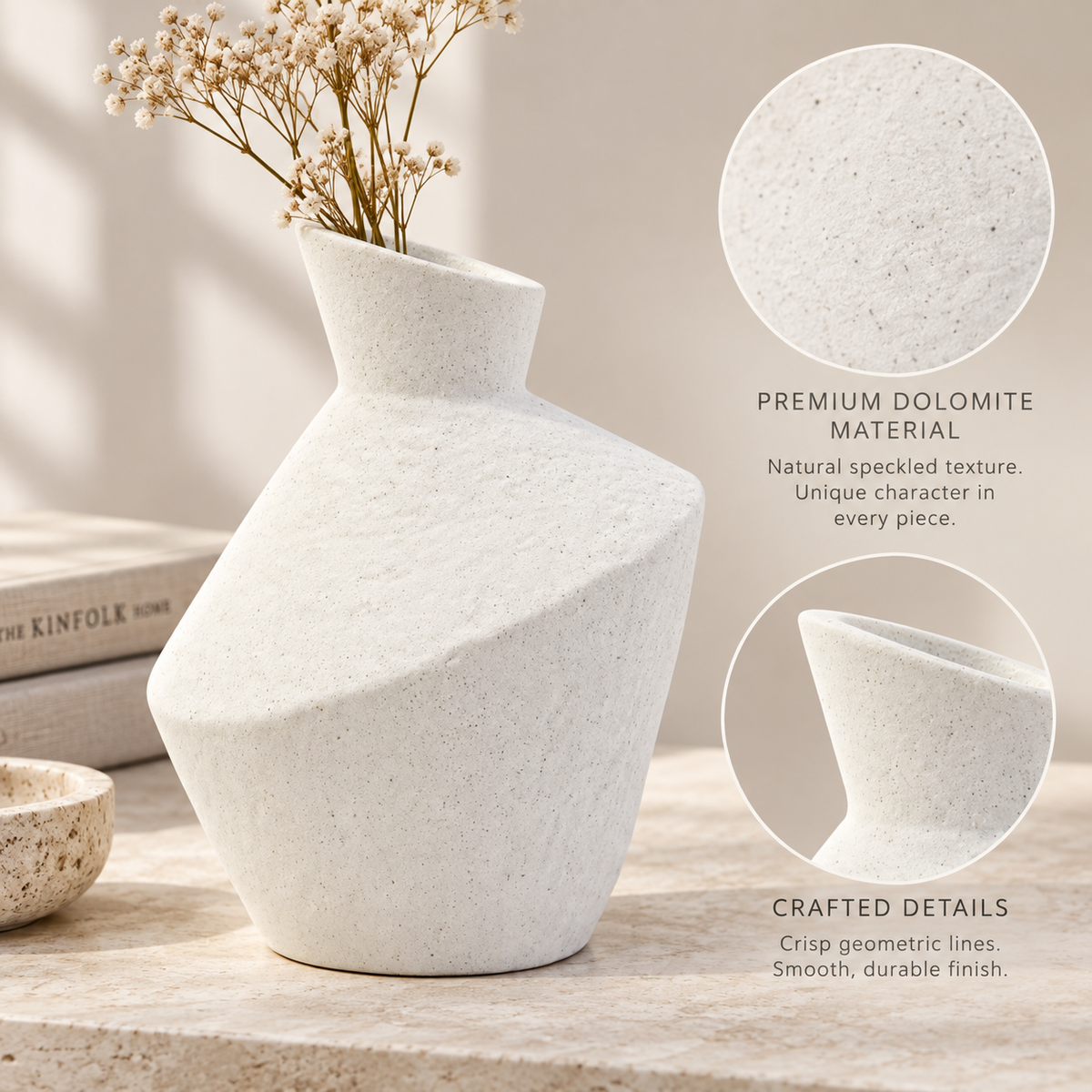 Vaso Decorativo Médio Detalhe Diagonal em Dolomita Off White 17cm