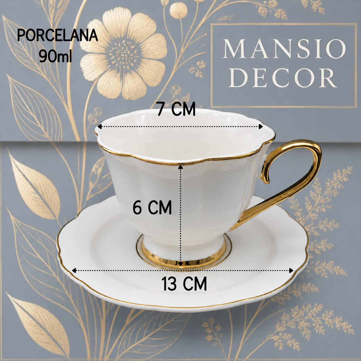 Jogo de 6 xícaras p/café Mon Charman com borda dourada (90ml) branco
