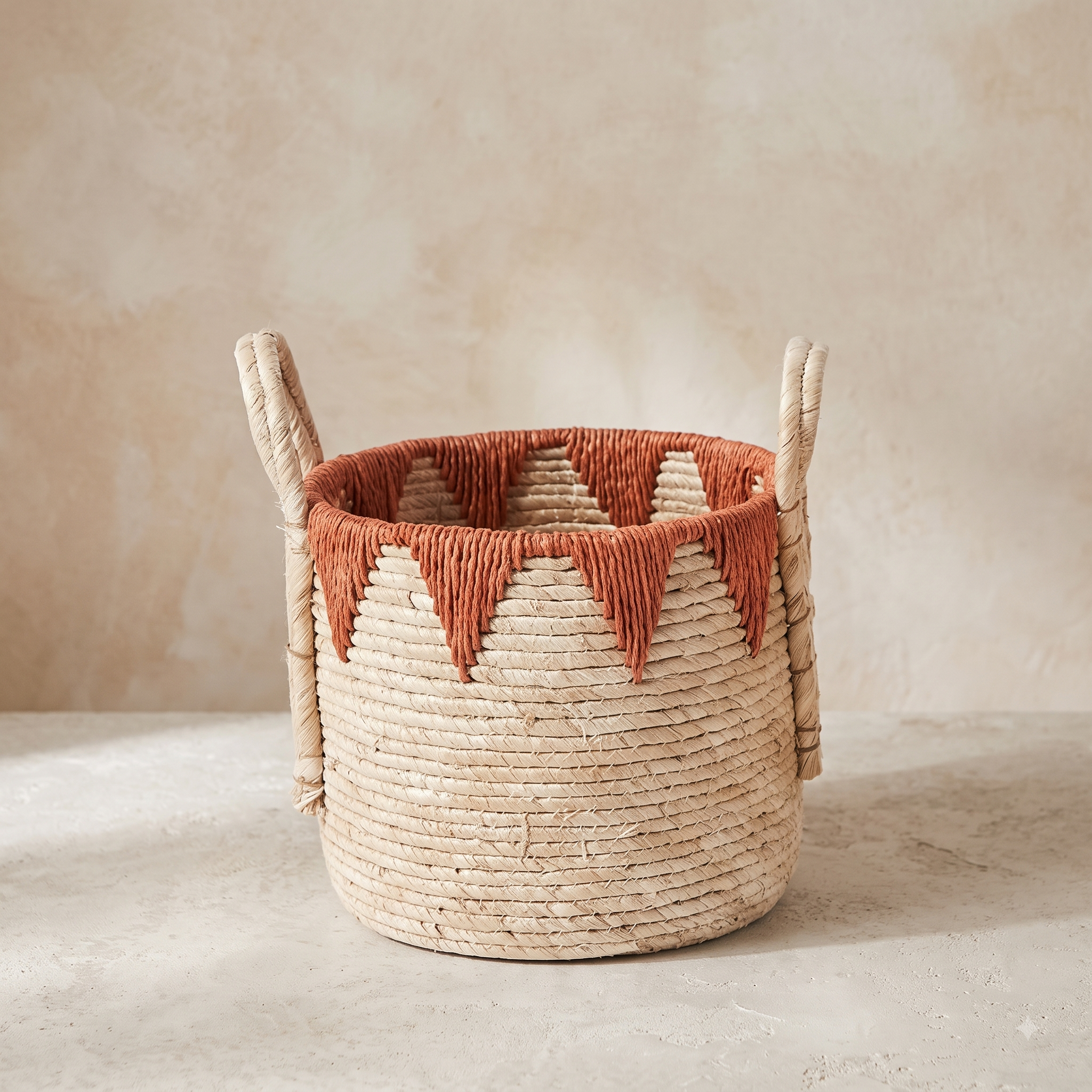 Cesto Redondo Cachepot em Fibra Natural com Detalhe Geométrico Laranja 31cm