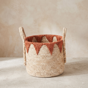 Cesto Redondo Cachepot em Fibra Natural com Detalhe Geométrico Laranja 31cm