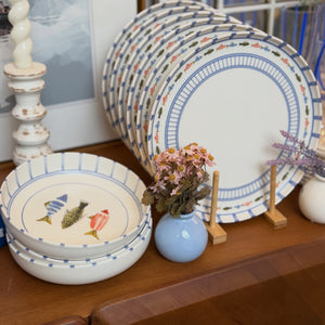 Jogo de 6 Pratos Rasos em Porcelana Marine Estampa Peixes Mediterrâneo 27CM