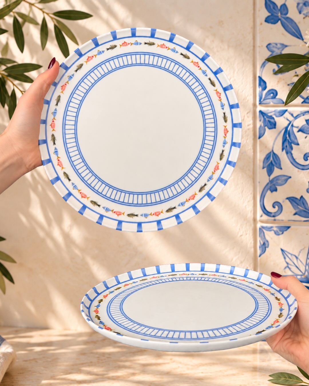 Jogo de 6 Pratos Rasos em Porcelana Marine Estampa Peixes Mediterrâneo 27CM