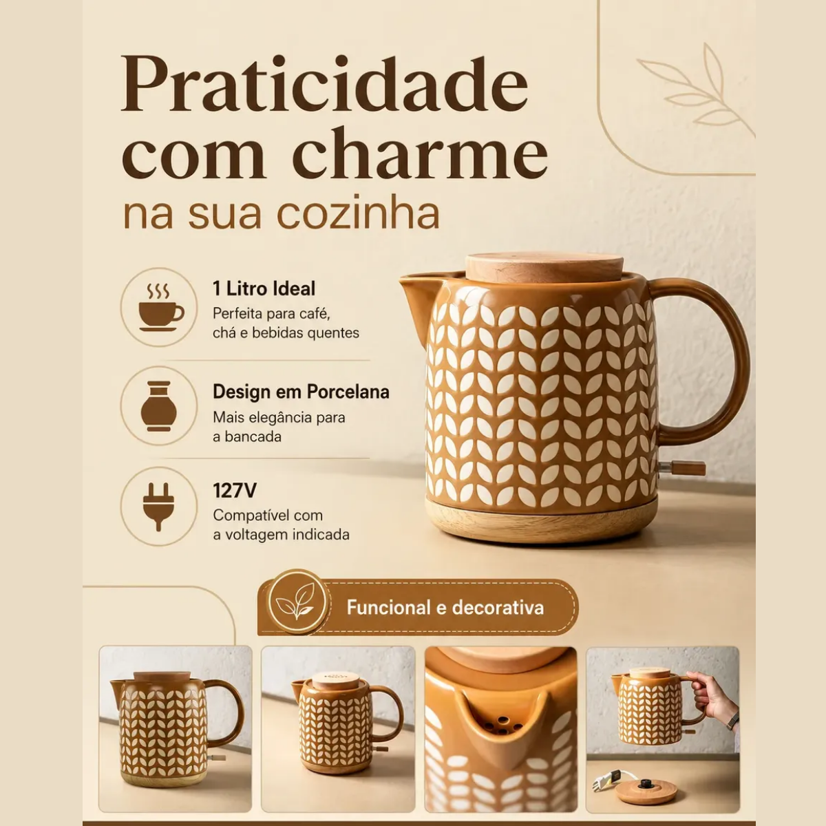 Chaleira Elétrica de Porcelana Elegance Marrom com Estampa de Folhas e Base de Madeira