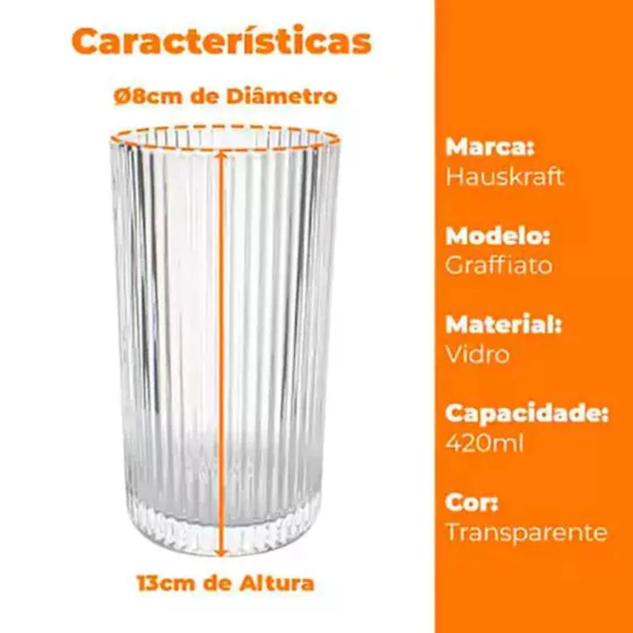 Jogo de 6 Copos Altos de Vidro Graffiato Borda Dourada 420ml