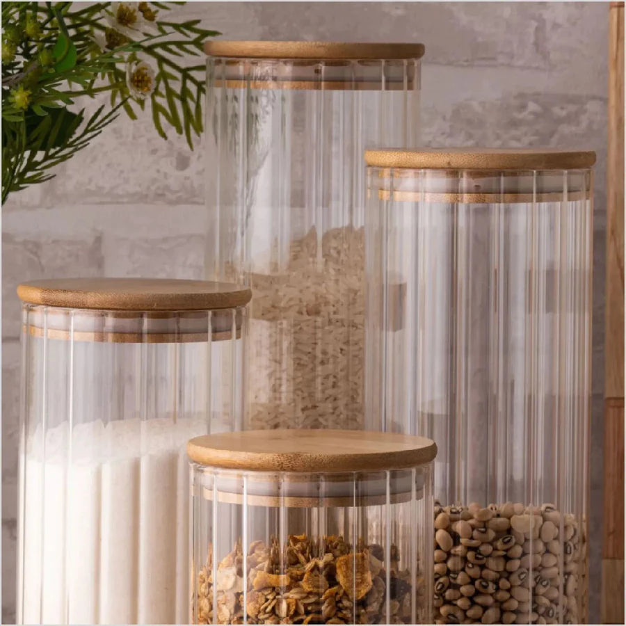 Porta Mantimento Canelado de Vidro Borossilicato com Tampa de Bambu 1,5L - Dynasty Full Fit