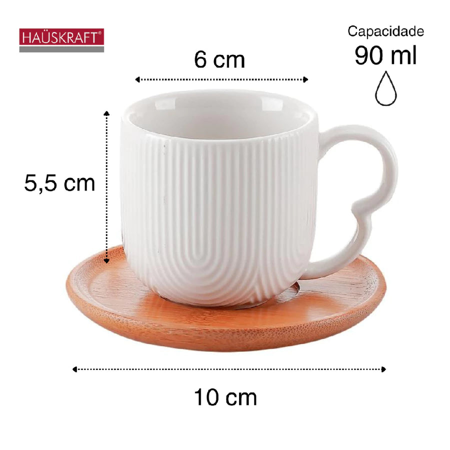 Jogo de 4 Xícaras de Cerâmica para Café com Pires de Bambu Oásis 90ml