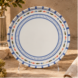 Jogo de 6 Pratos Rasos em Porcelana Marine Estampa Peixes Mediterrâneo 27CM