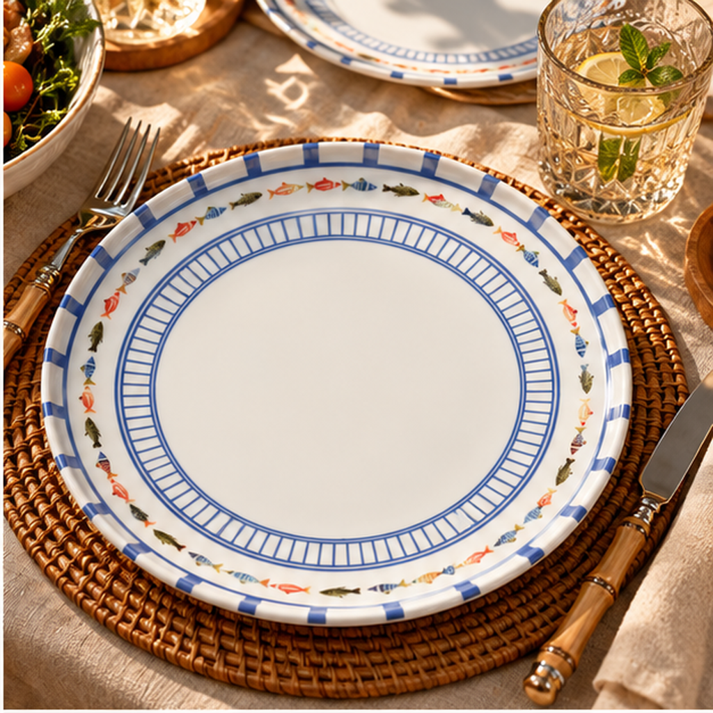 Jogo de 6 Pratos Rasos em Porcelana Marine Estampa Peixes Mediterrâneo 27CM
