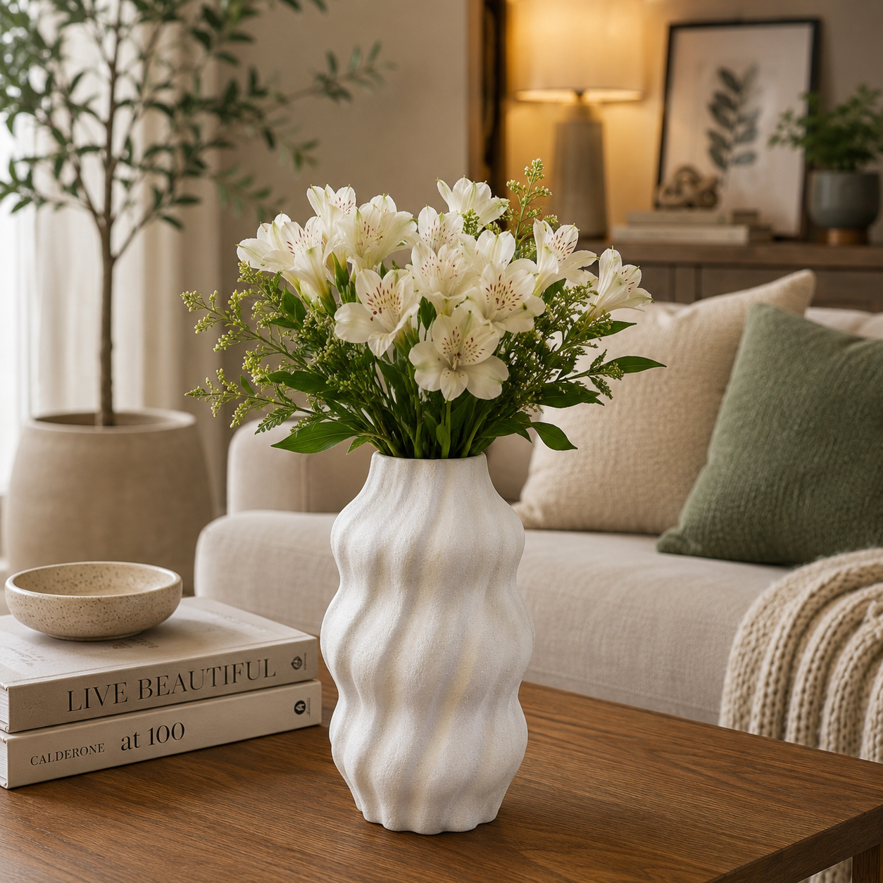 Vaso Decorativo Orgânico Ondulado Texturizado em Dolomita Branco 21,5cm