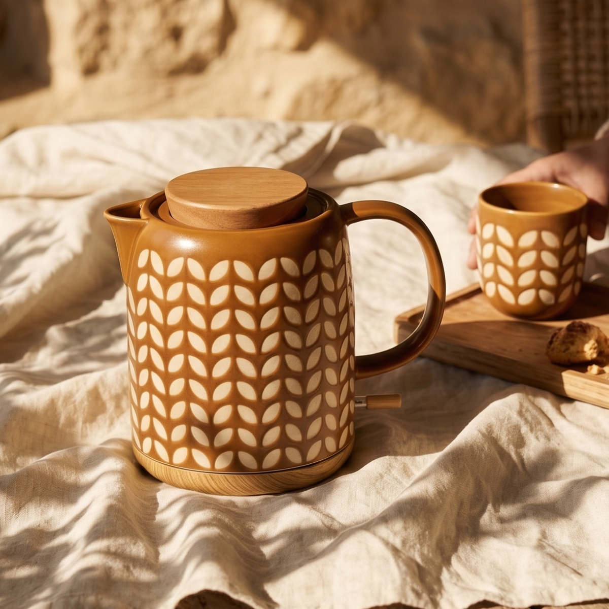 Chaleira Elétrica de Porcelana Elegance Marrom com Estampa de Folhas e Base de Madeira