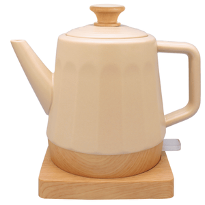 Chaleira Elétrica de Porcelana Elegance Nude Canelada com Detalhes e Base de Madeira 220V e 127V