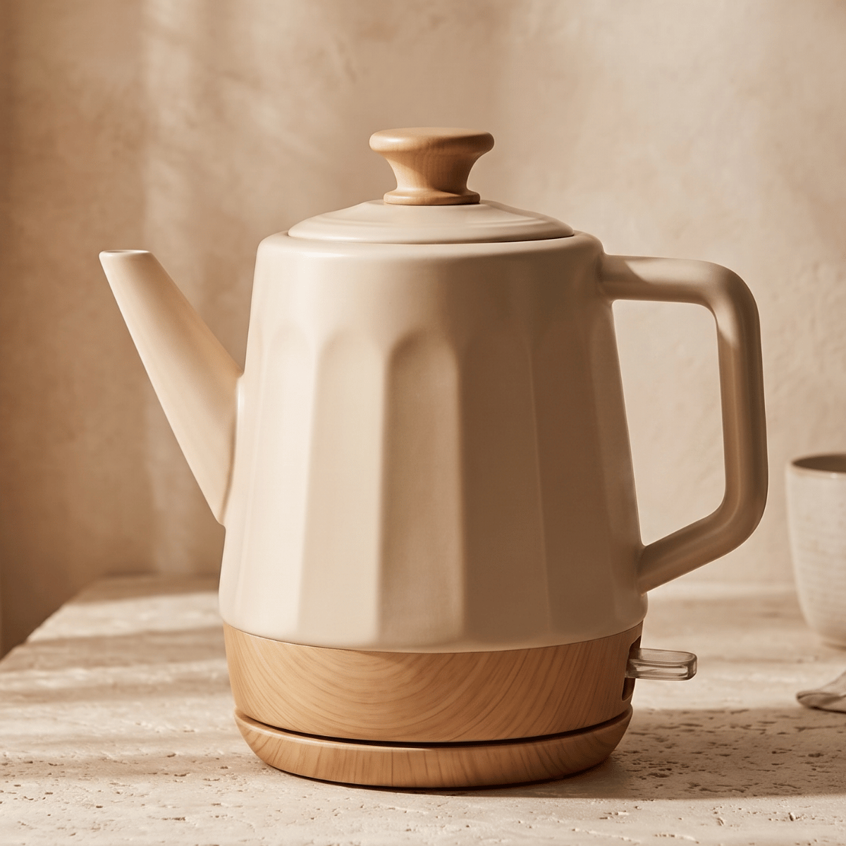 Chaleira Elétrica de Porcelana Elegance Nude Canelada com Detalhes e Base de Madeira 220V e 127V