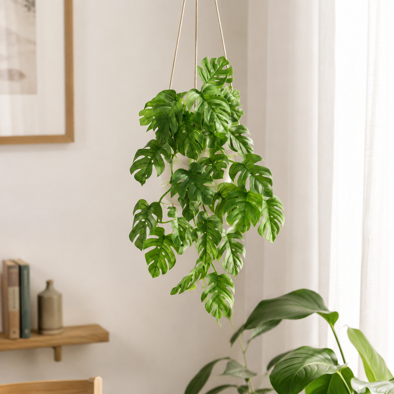 Planta Pendente Costela de Adão Artificial Toque Real Mini 25 Folhas 33x18cm