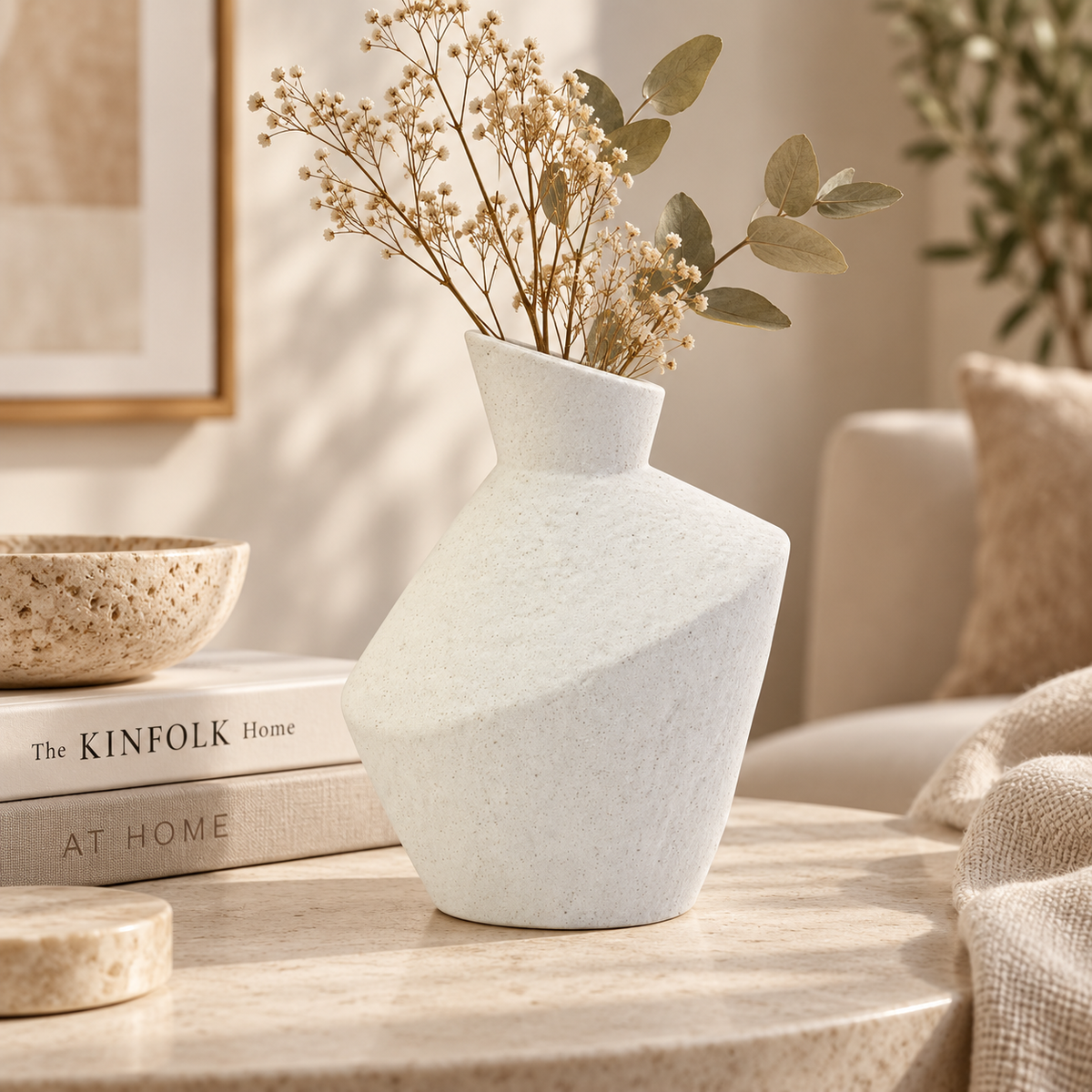 Vaso Decorativo Médio Detalhe Diagonal em Dolomita Off White 17cm
