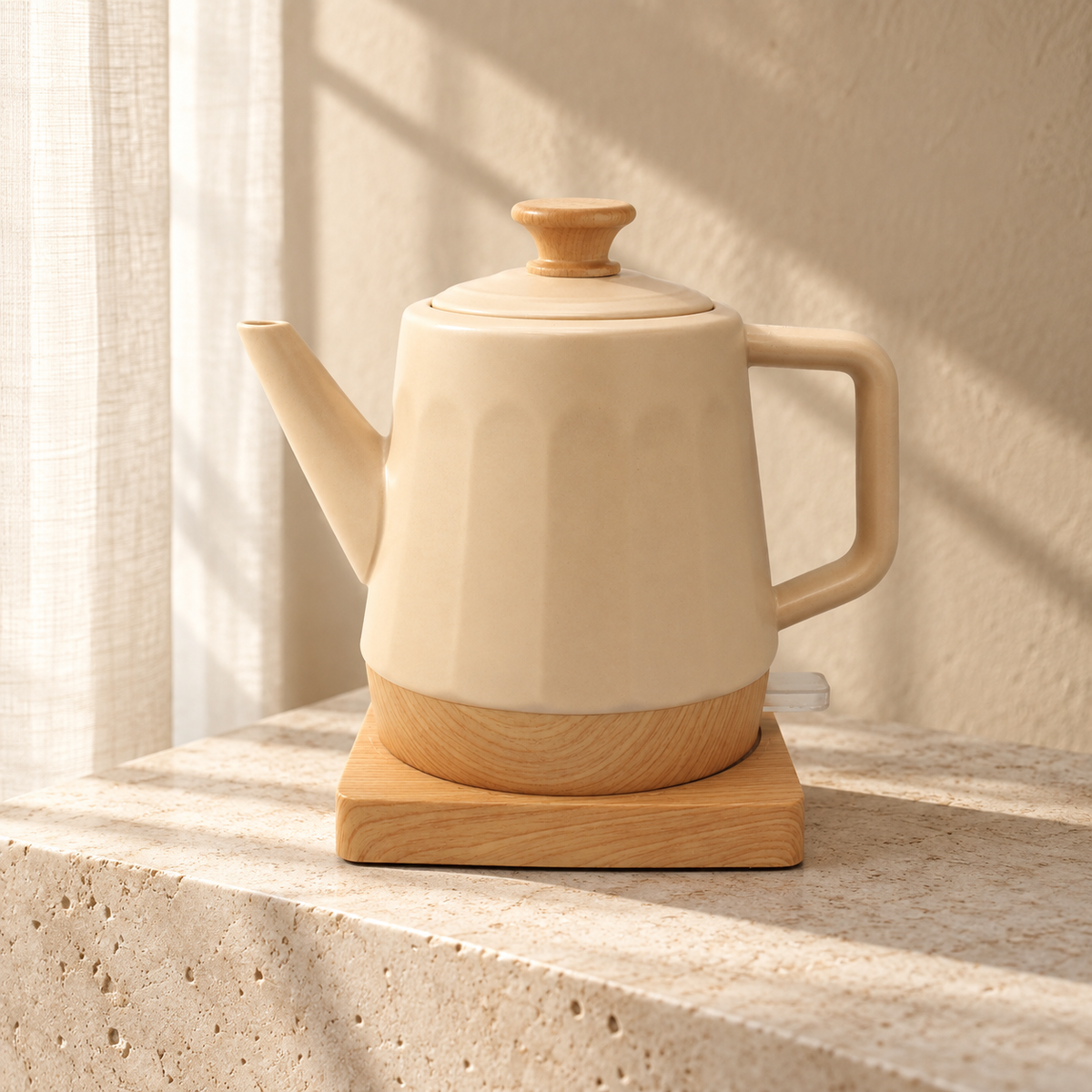 Chaleira Elétrica de Porcelana Elegance Nude Canelada com Detalhes e Base de Madeira 220V e 127V