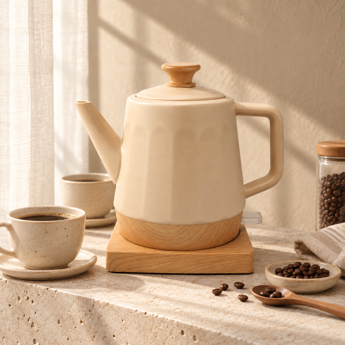 Chaleira Elétrica de Porcelana Elegance Nude Canelada com Detalhes e Base de Madeira 220V e 127V