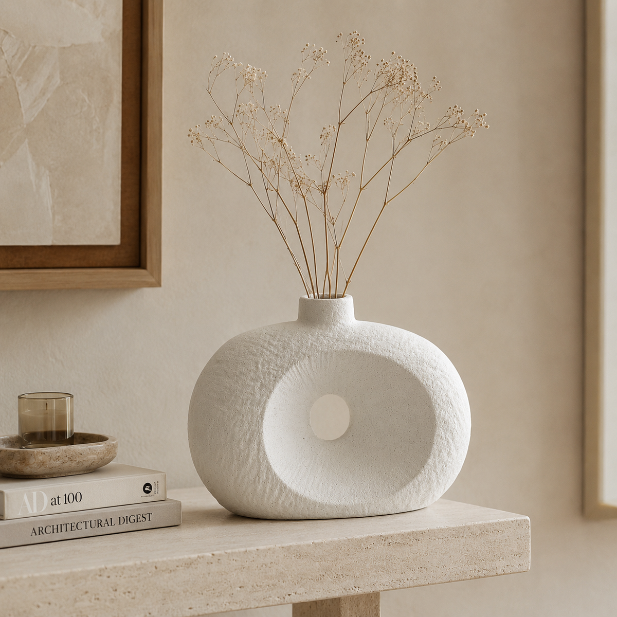 Vaso Decorativo Oval Texturizado com Furo em Dolomita Off White 20cm