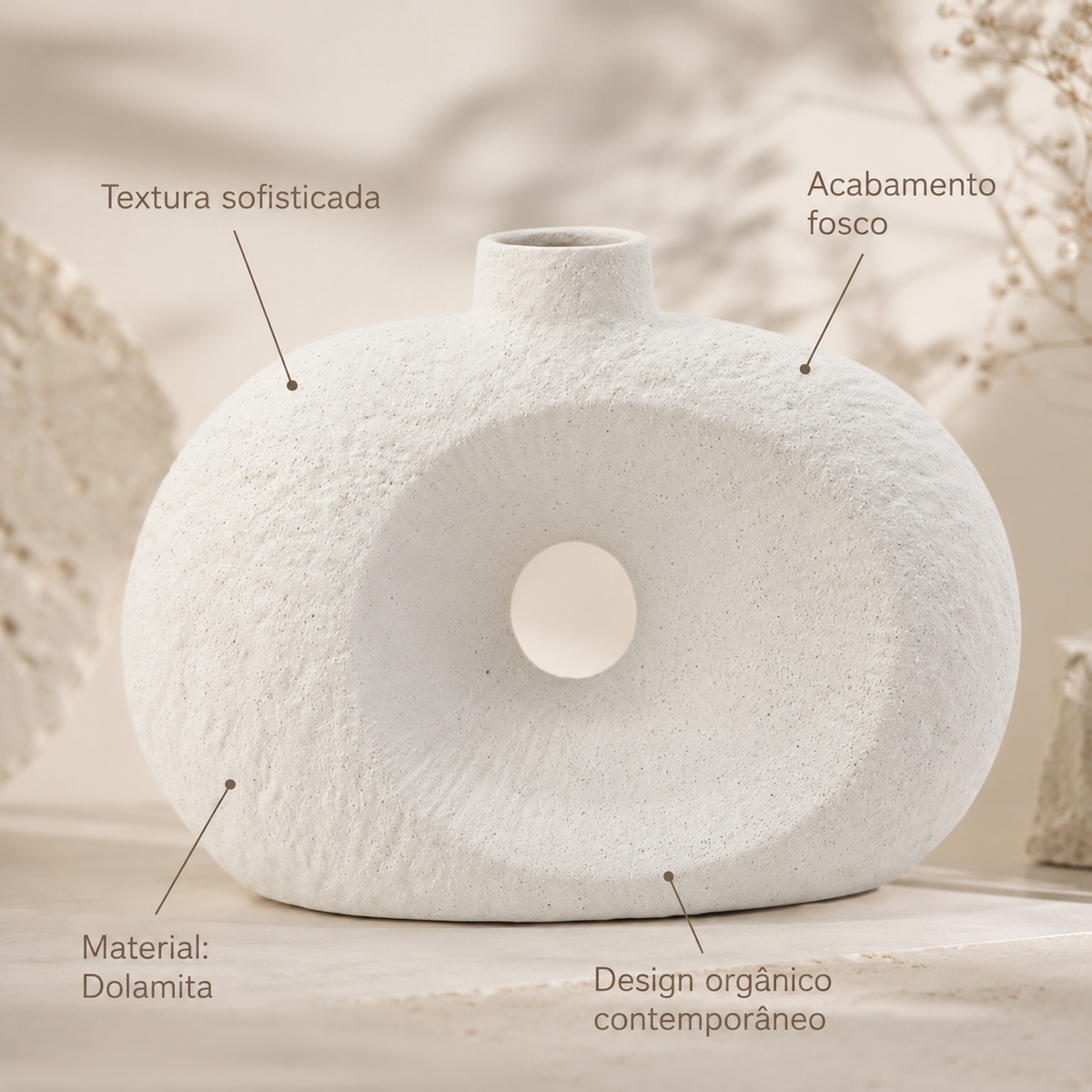 Vaso Decorativo Oval Texturizado com Furo em Dolomita Off White 20cm