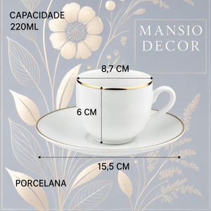 Jogo 6 Xicaras E Pires Chá Cafe Legacy Gold Porcelana 220ml