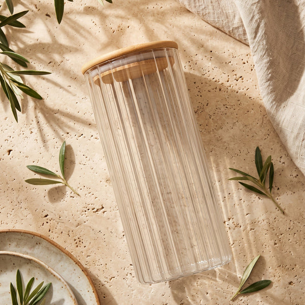 Porta Mantimento Canelado de Vidro Borossilicato com Tampa de Bambu 1,5L - Dynasty