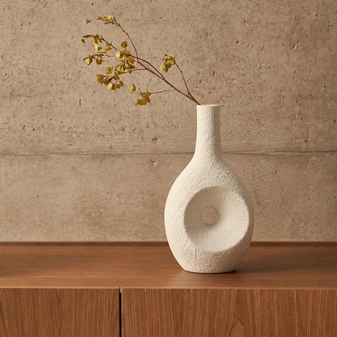 Vaso Decorativo Redondo Texturizado com Furo em Dolomita Off White 30cm