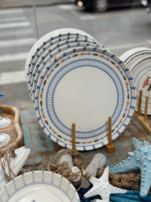 Jogo de 6 Pratos Rasos em Porcelana Marine Estampa Peixes Mediterrâneo 27CM