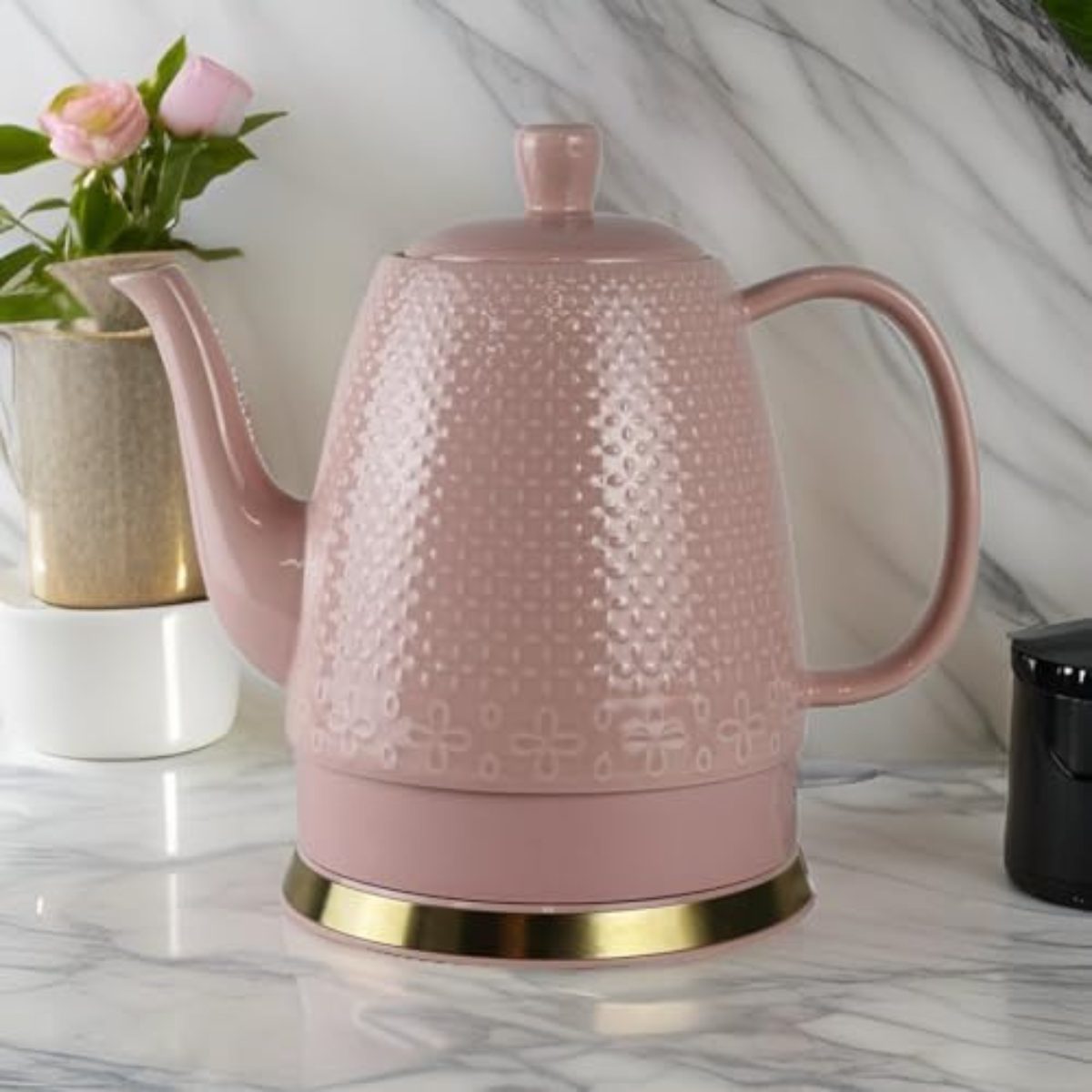 Chaleira Elétrica de Porcelana Elegance Rosa Flor e Poá com Base Dourada 1,5L