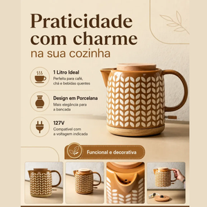 Chaleira Elétrica de Porcelana Elegance Marrom com Estampa de Folhas e Base de Madeira
