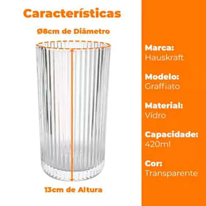 Jogo de 6 Copos Altos de Vidro Graffiato Borda Dourada 420ml