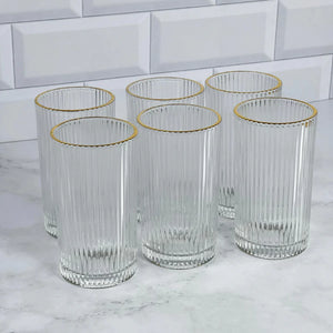 Jogo de 6 Copos Altos de Vidro Graffiato Borda Dourada 420ml