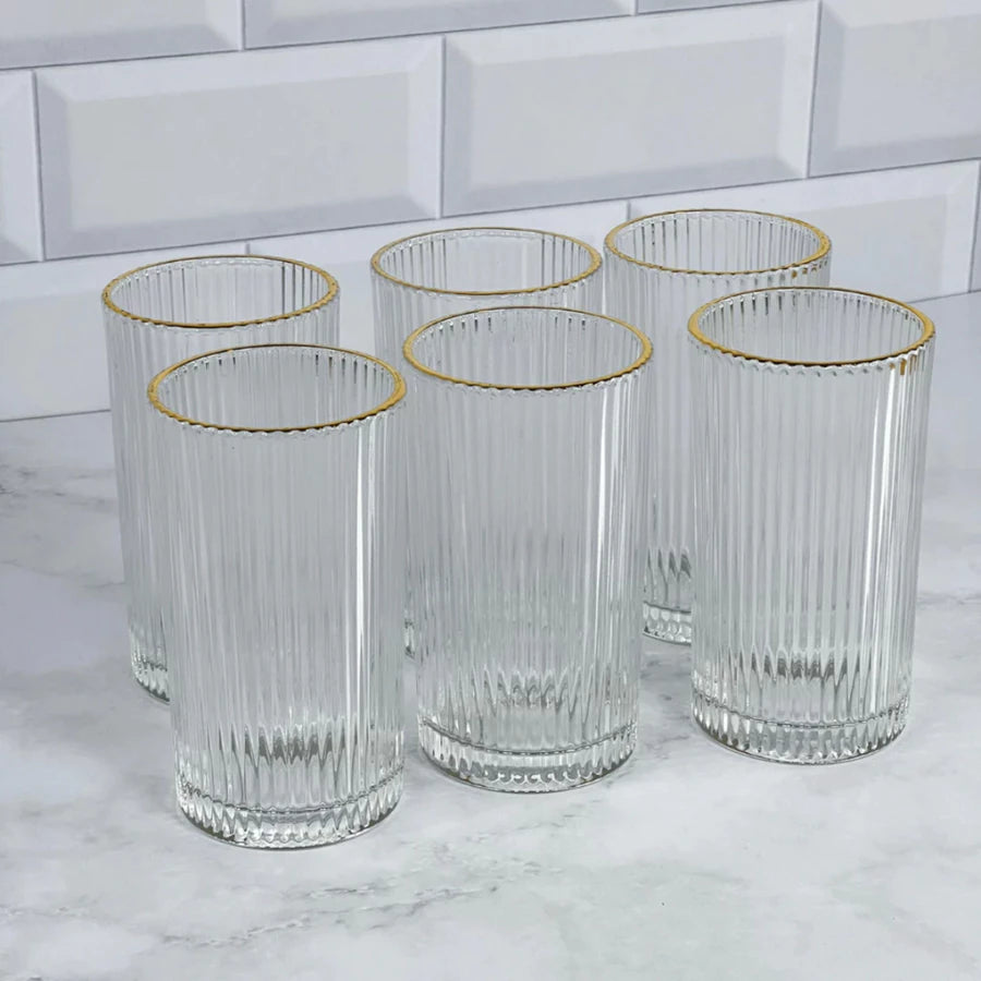 Jogo de 6 Copos Altos de Vidro Graffiato Borda Dourada 420ml