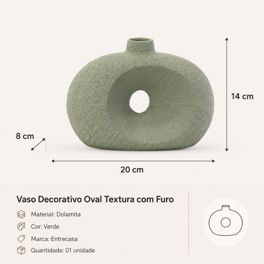 Vaso Decorativo Oval Texturizado com Furo em Dolomita Verde 20cm