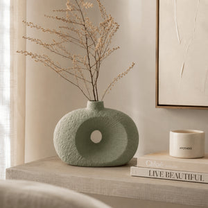 Vaso Decorativo Oval Texturizado com Furo em Dolomita Verde 20cm