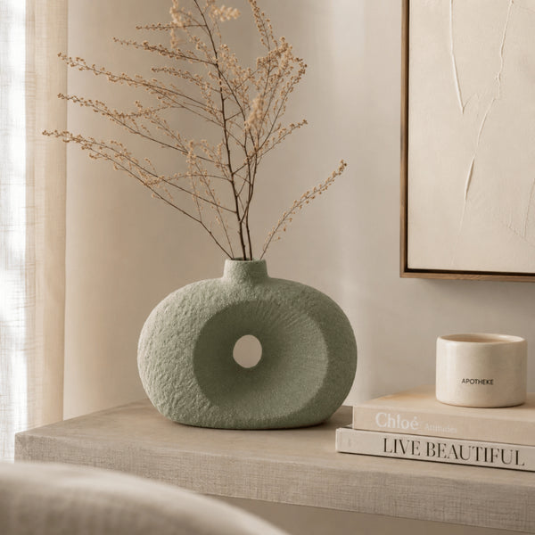 Vaso Decorativo Oval Texturizado com Furo em Dolomita Verde 20cm