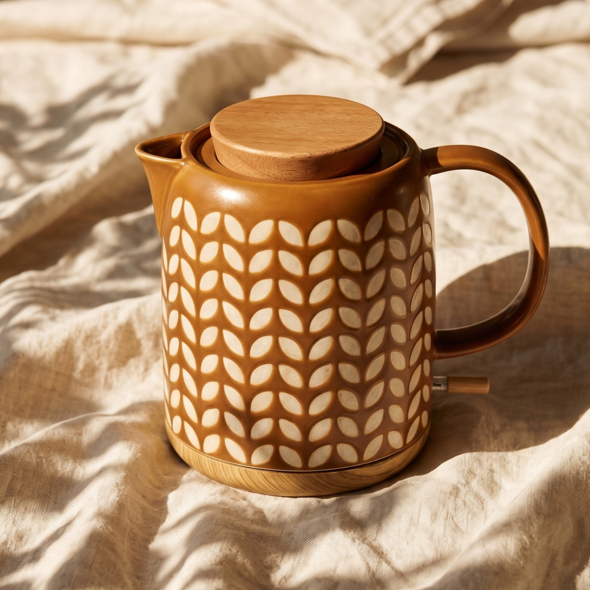 Chaleira Elétrica de Porcelana Elegance Marrom com Estampa de Folhas e Base de Madeira