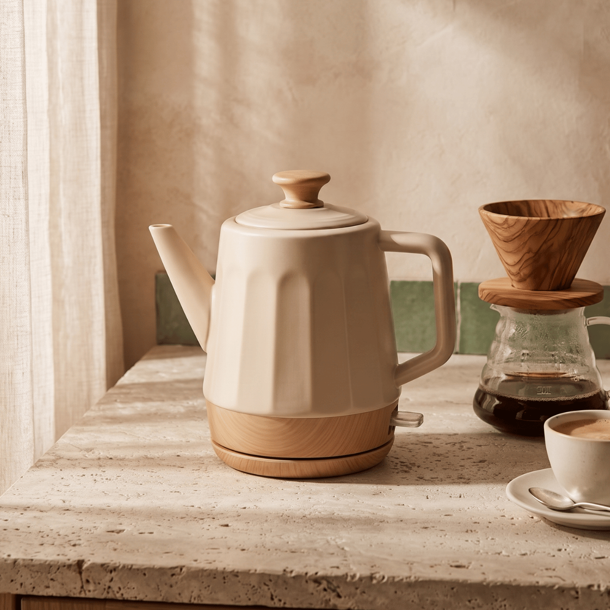 Chaleira Elétrica de Porcelana Elegance Nude Canelada com Detalhes e Base de Madeira 220V e 127V