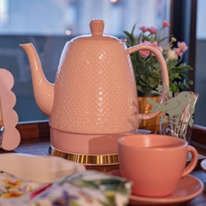 Chaleira Elétrica de Porcelana Elegance Rosa Flor e Poá com Base Dourada 1,5L