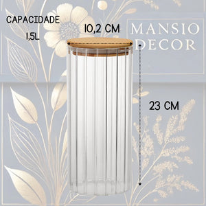 Porta Mantimento Canelado de Vidro Borossilicato com Tampa de Bambu 1,5L - Dynasty Full Fit