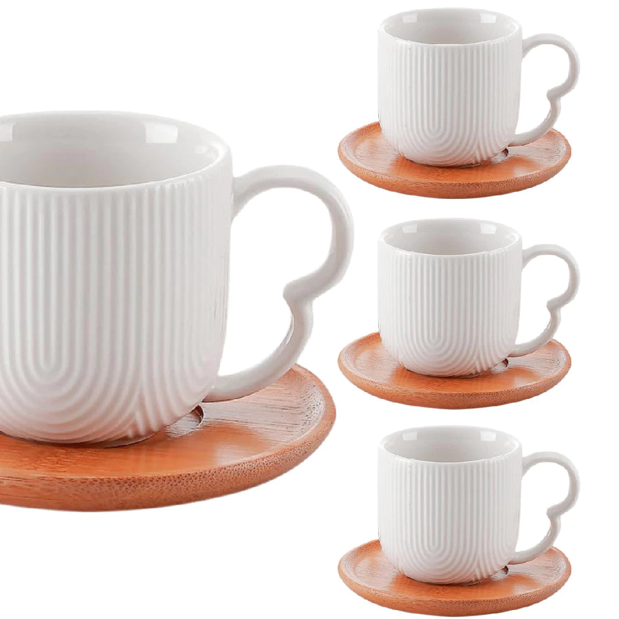 Jogo de 4 Xícaras de Cerâmica para Café com Pires de Bambu Oásis 90ml